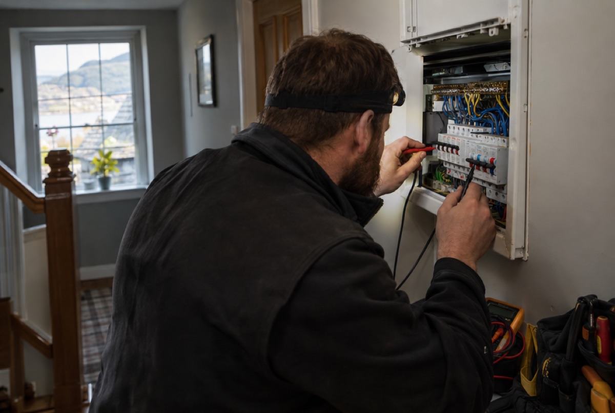 An electrician at work on a rewire.