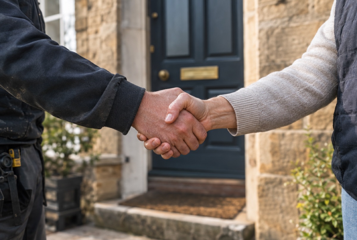 A tradesperson and homeowner at the front door.