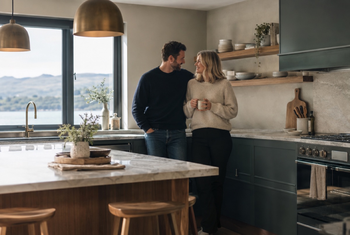 A couple in their newly finished kitchen