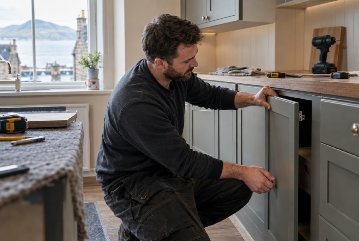 A joiner at work on a kitchen fit.