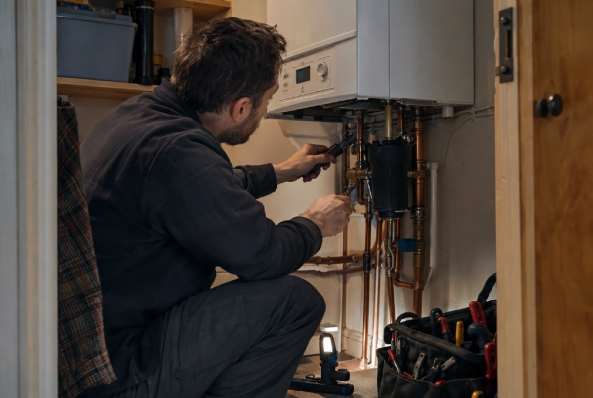 A plumber at work on a heating job.