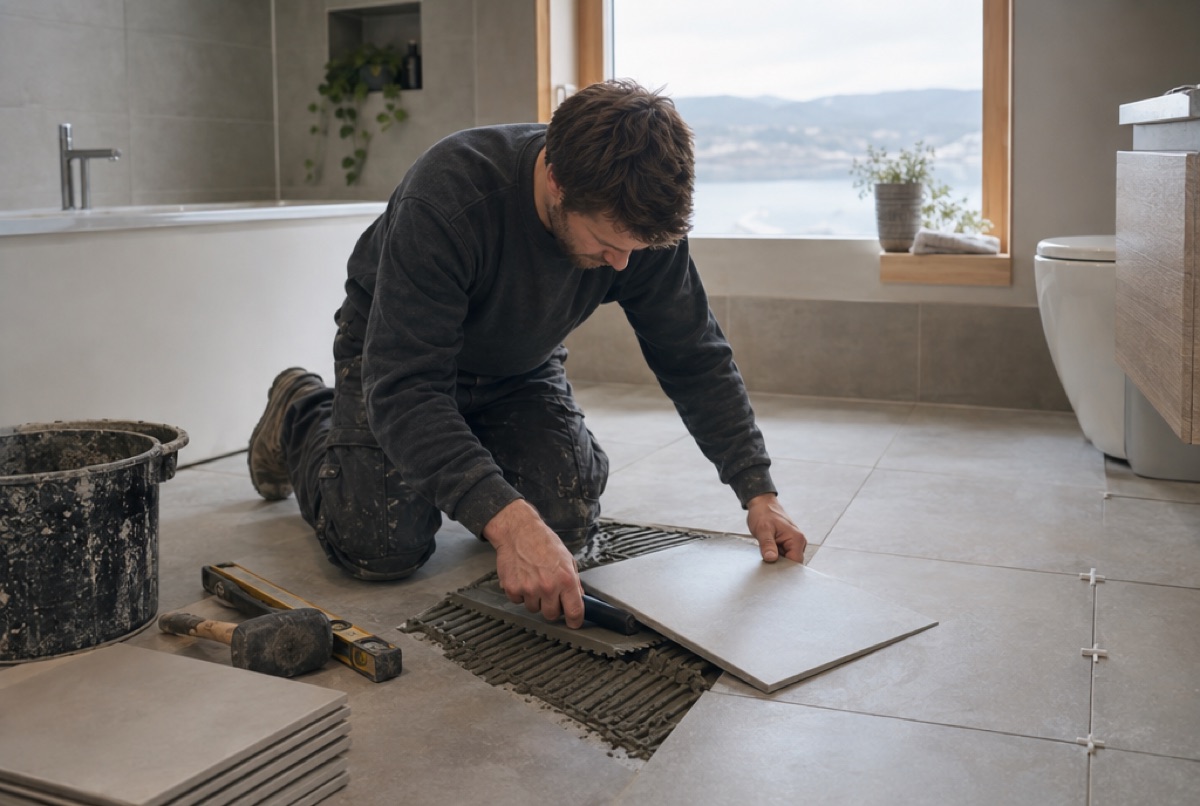 A tiler at work on a bathroom fit.