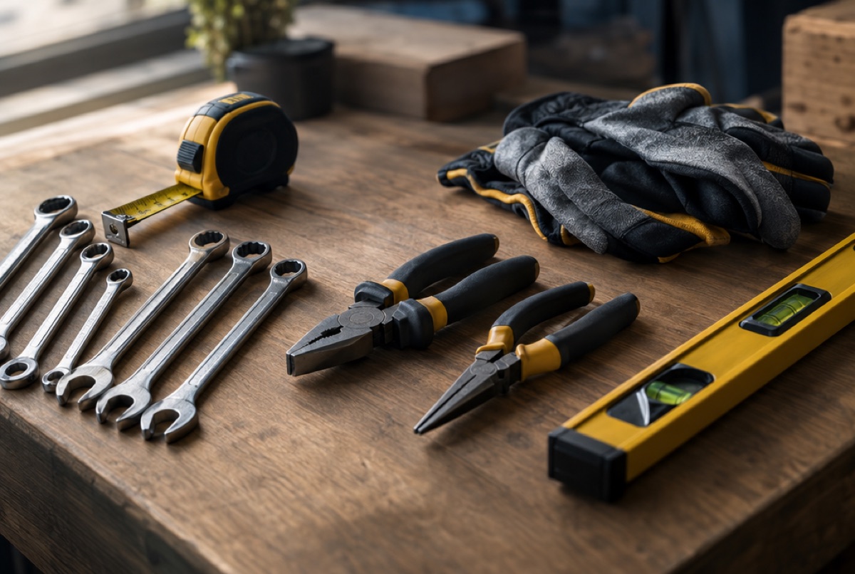 Tools laid out on a workbench.