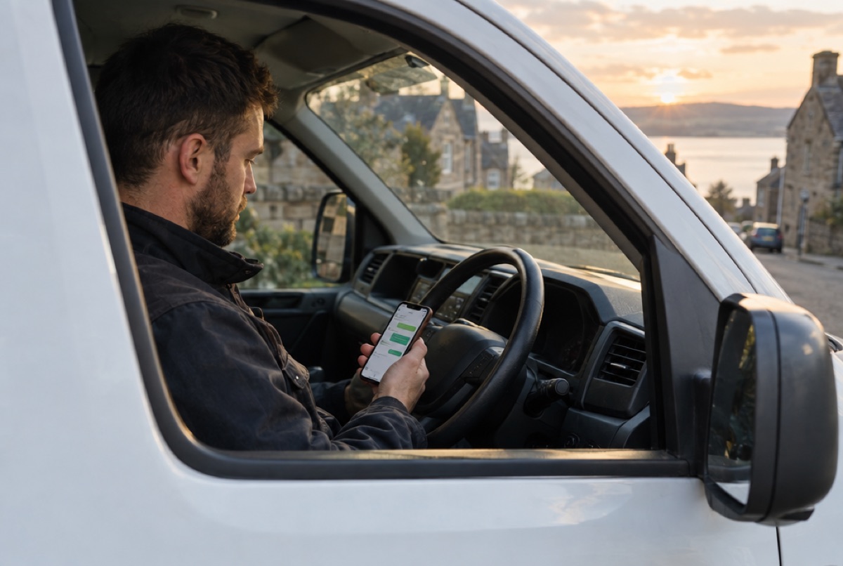A tradesperson in his van reading a job on his phone